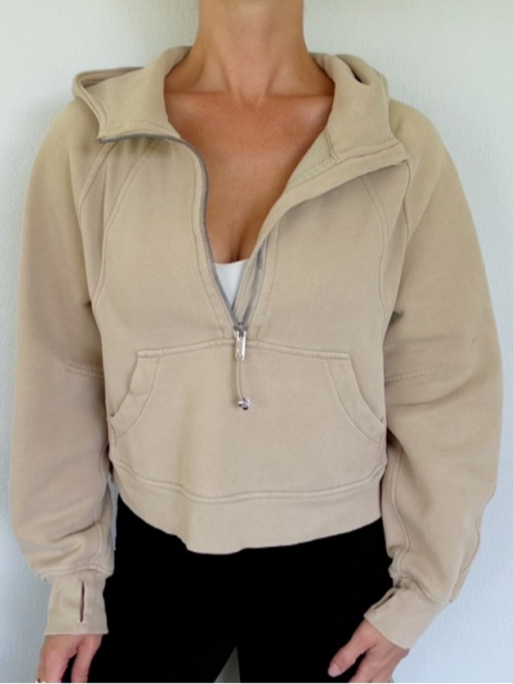 Lululemon tan half zip scuba style cotton thumb hole hoodie sweatshirt size XS/S